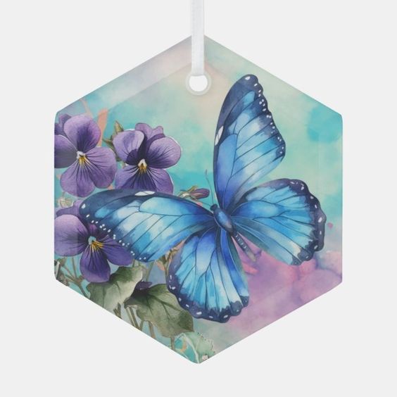 (image for) OES Adah Violets and Blue Butterfly Glass Ornament