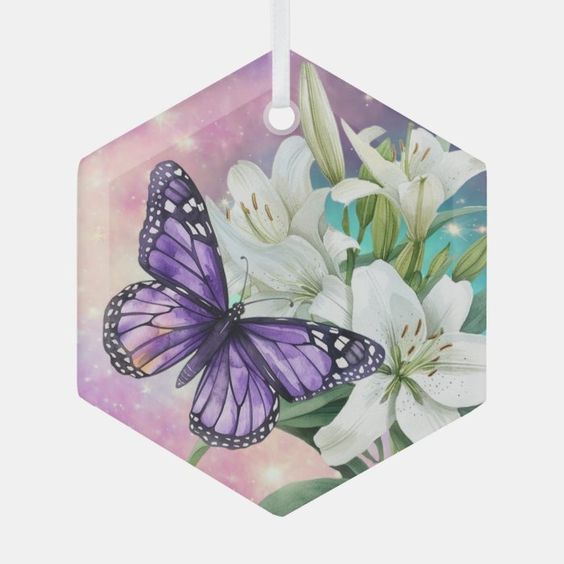 (image for) OES Esther White Lily and Butterfly Glass Ornament