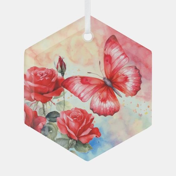 (image for) OES Electa Rose and Red Butterfly Glass Ornament